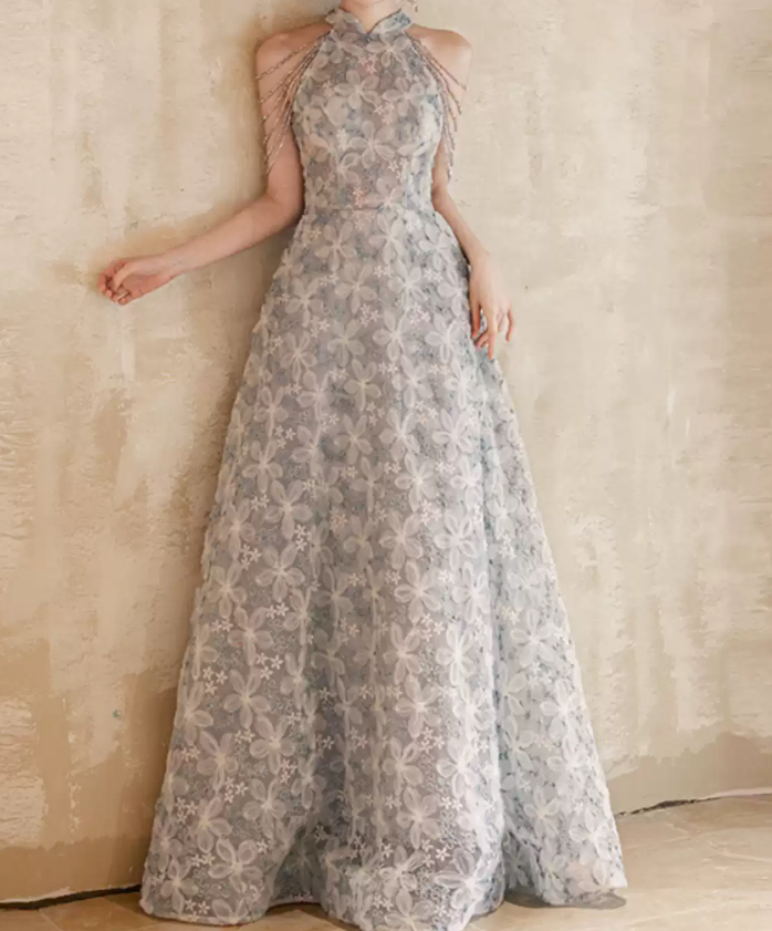 Y2K Halter Neck Gray Prom Dress Floral Sequins A-Line Evening Dress D0100