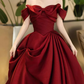 Trendy Off-Shoulder Prom Dress Red Bow Satin A-Line Evening Dress D0101