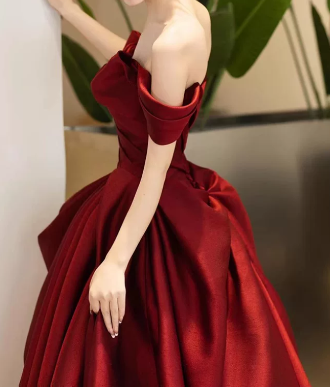 Trendy Off-Shoulder Prom Dress Red Bow Satin A-Line Evening Dress D0101