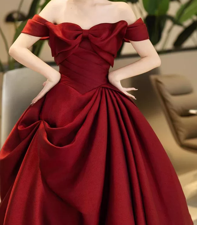Trendy Off-Shoulder Prom Dress Red Bow Satin A-Line Evening Dress D0101