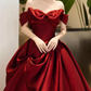 Trendy Off-Shoulder Prom Dress Red Bow Satin A-Line Evening Dress D0101