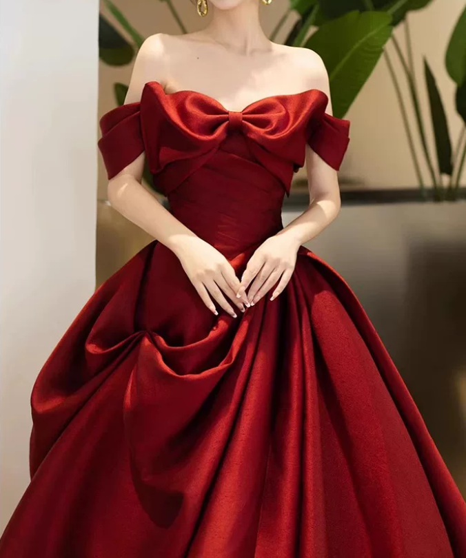 Trendy Off-Shoulder Prom Dress Red Bow Satin A-Line Evening Dress D0101