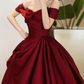 Trendy Off-Shoulder Prom Dress Red Bow Satin A-Line Evening Dress D0101