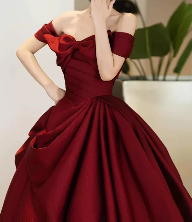 Trendy Off-Shoulder Prom Dress Red Bow Satin A-Line Evening Dress D0101
