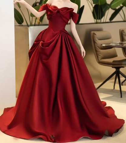 Trendy Off-Shoulder Prom Dress Red Bow Satin A-Line Evening Dress D0101