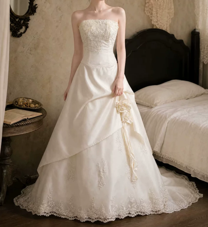 Alluring Strapless Wedding Dresses Appliques Sequins A-Line Bridal Dress D0103