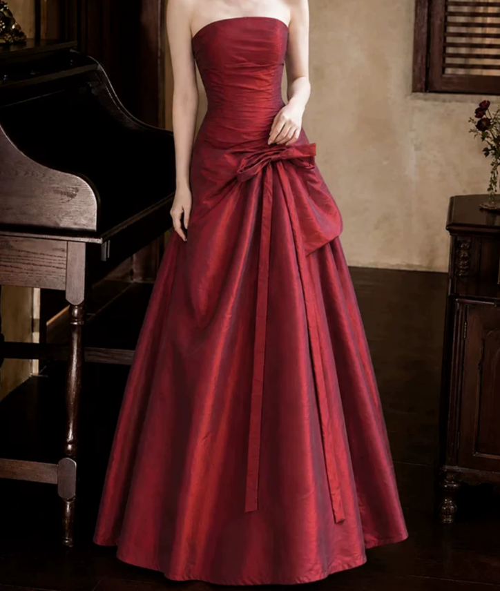 Vintage Strapless Prom Dress Red Satin A-Line Evening Dress D0104