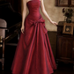 Vintage Strapless Prom Dress Red Satin A-Line Evening Dress D0104
