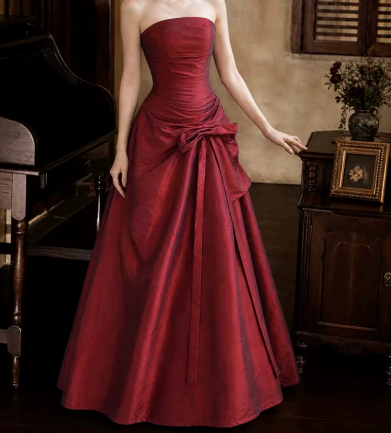 Vintage Strapless Prom Dress Red Satin A-Line Evening Dress D0104