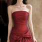 Vintage Strapless Prom Dress Red Satin A-Line Evening Dress D0104