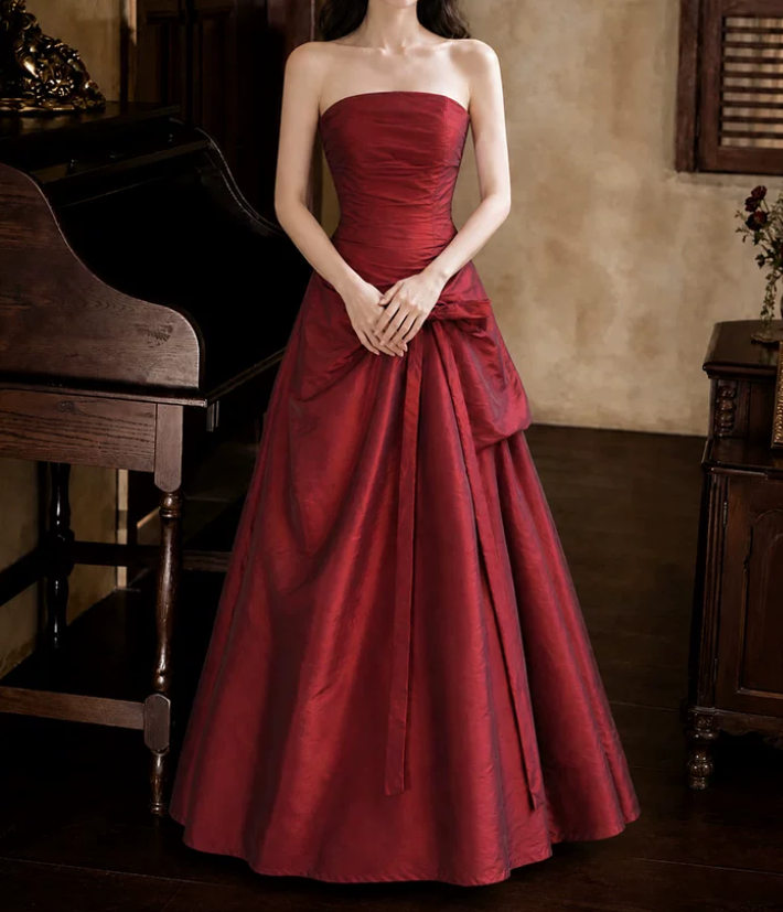 Vintage Strapless Prom Dress Red Satin A-Line Evening Dress D0104