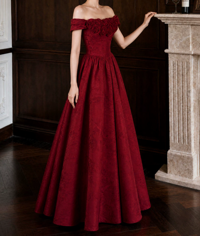 Classical Off-Shoulder Prom Dress Red Flowers A-Line Evening Dress D0106