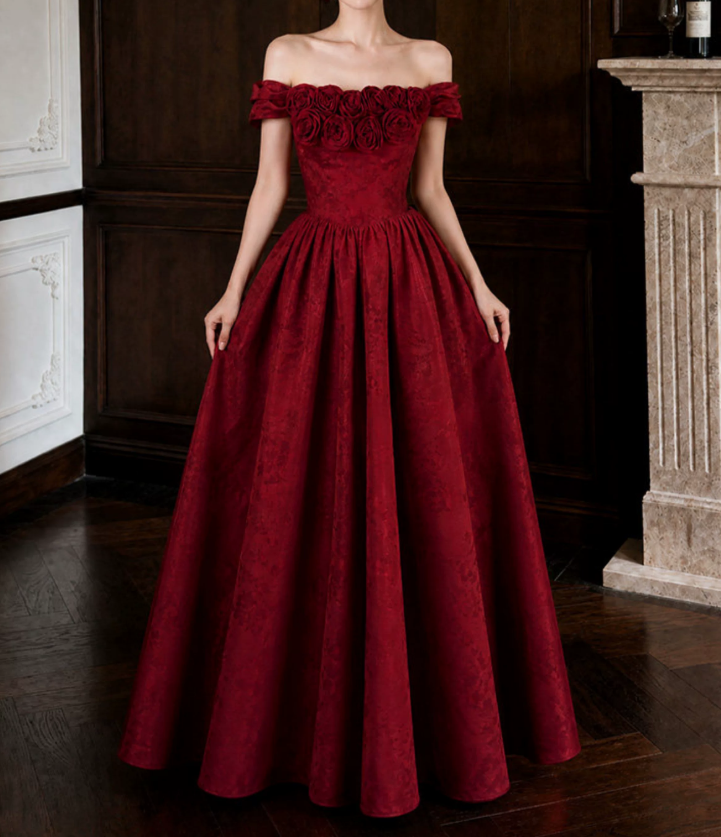 Classical Off-Shoulder Prom Dress Red Flowers A-Line Evening Dress D0106