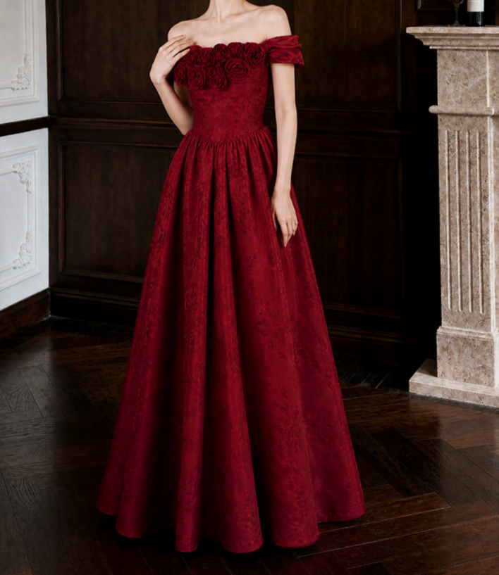 Classical Off-Shoulder Prom Dress Red Flowers A-Line Evening Dress D0106