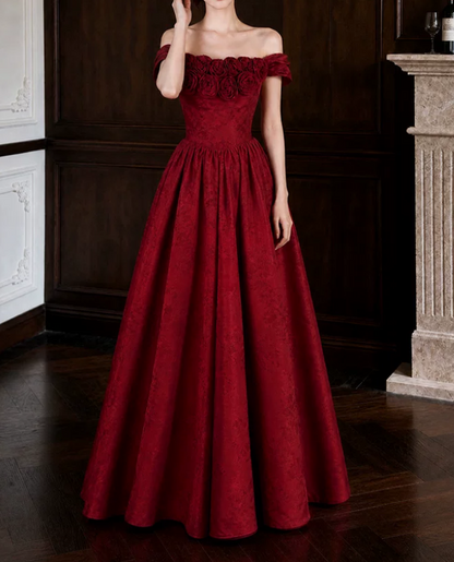 Classical Off-Shoulder Prom Dress Red Flowers A-Line Evening Dress D0106