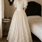 Glam V Neck Lace Wedding Dresses Bows Short Sleeve A-Line Bridal Dress D0109