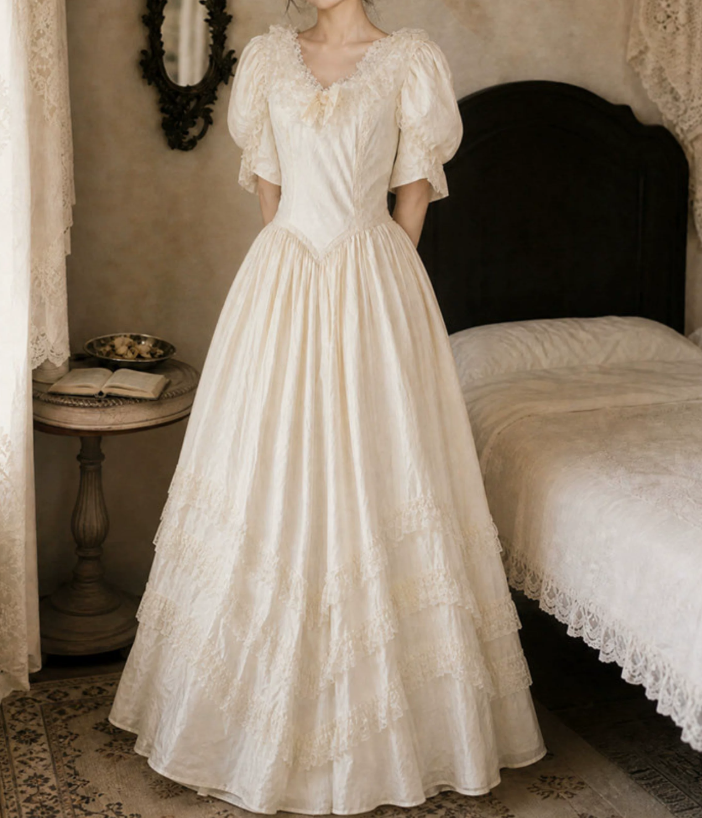 Glam V Neck Lace Wedding Dresses Bows Short Sleeve A-Line Bridal Dress D0109