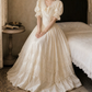 Glam V Neck Lace Wedding Dresses Bows Short Sleeve A-Line Bridal Dress D0109