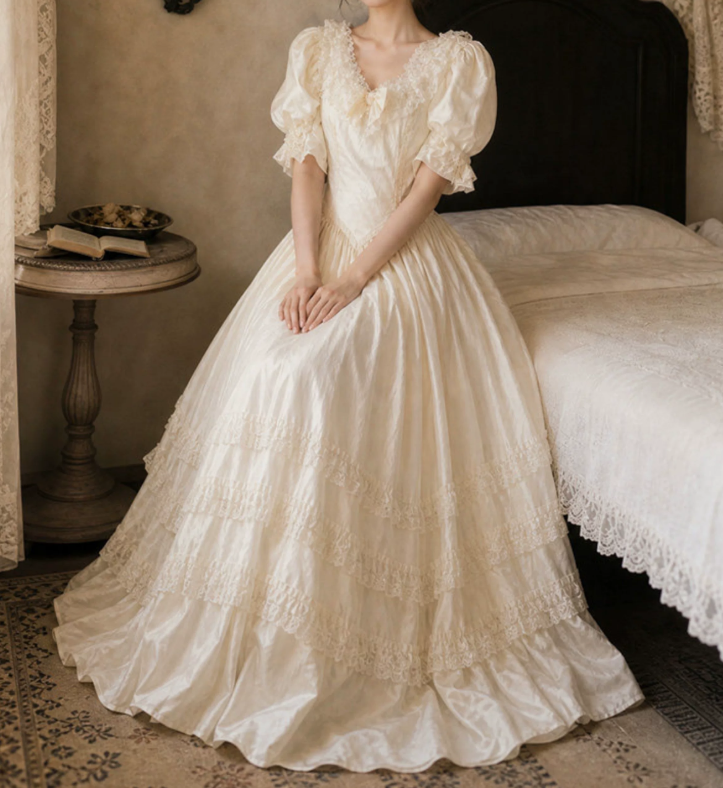 Glam V Neck Lace Wedding Dresses Bows Short Sleeve A-Line Bridal Dress D0109