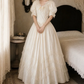 Glam V Neck Lace Wedding Dresses Bows Short Sleeve A-Line Bridal Dress D0109