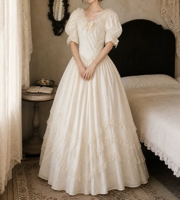 Glam V Neck Lace Wedding Dresses Bows Short Sleeve A-Line Bridal Dress D0109