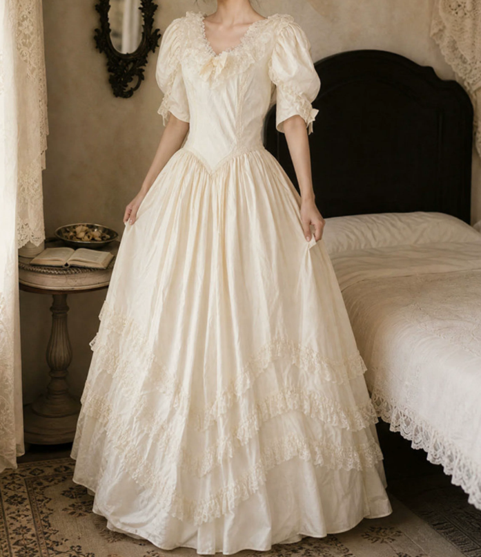 Glam V Neck Lace Wedding Dresses Bows Short Sleeve A-Line Bridal Dress D0109