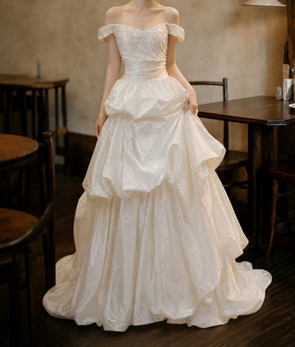 Cute Off-Shoulder Wedding Dresses Sequins Tiered A-Line Bridal Dress D0111