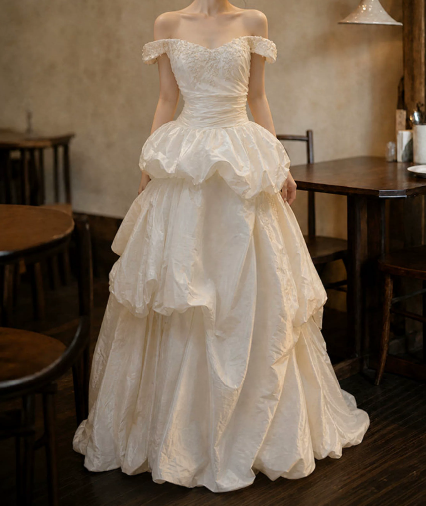 Cute Off-Shoulder Wedding Dresses Sequins Tiered A-Line Bridal Dress D0111