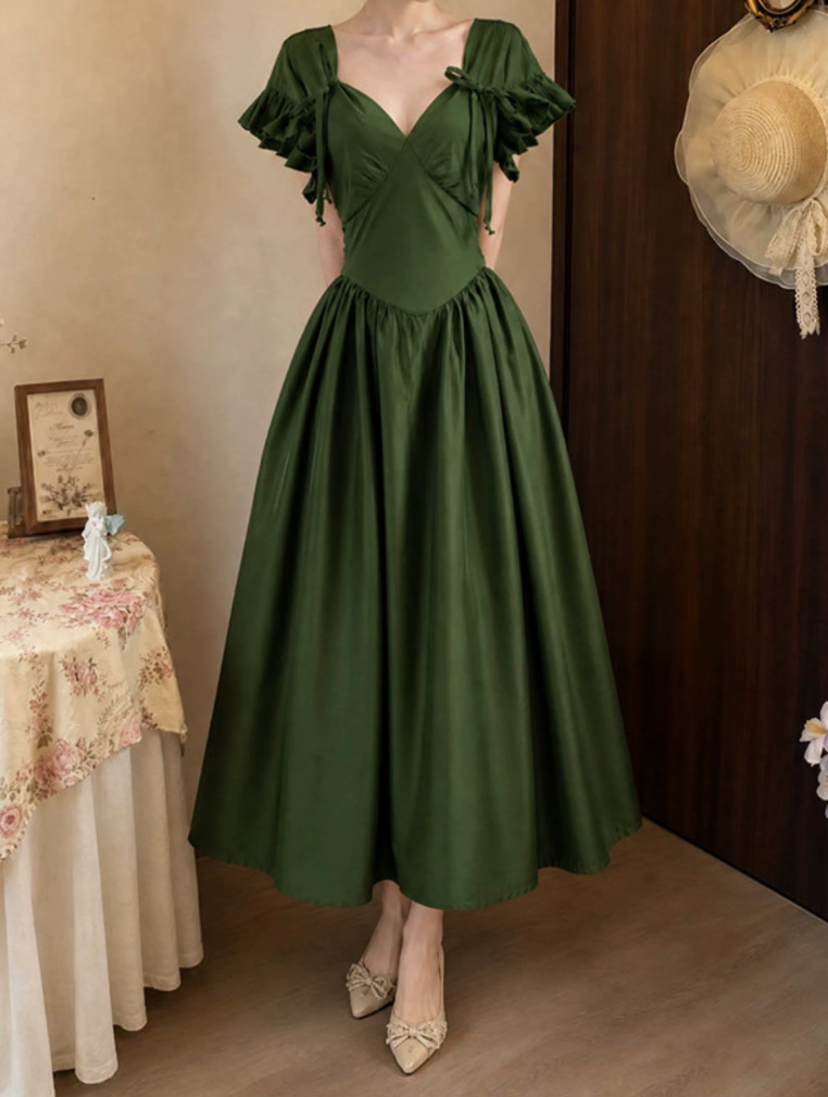 Glam V Neck Green Prom Dress Ruffles Bows A-Line Evening Dress D0112