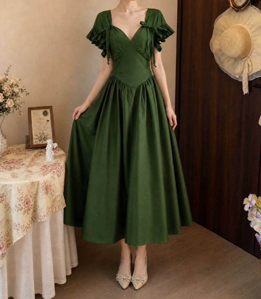 Glam V Neck Green Prom Dress Ruffles Bows A-Line Evening Dress D0112