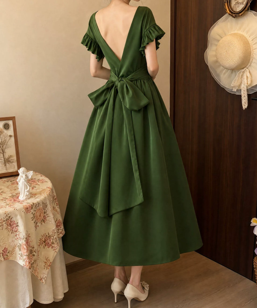 Glam V Neck Green Prom Dress Ruffles Bows A-Line Evening Dress D0112