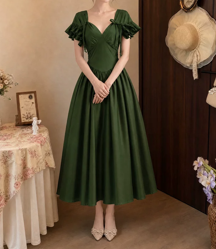 Glam V Neck Green Prom Dress Ruffles Bows A-Line Evening Dress D0112