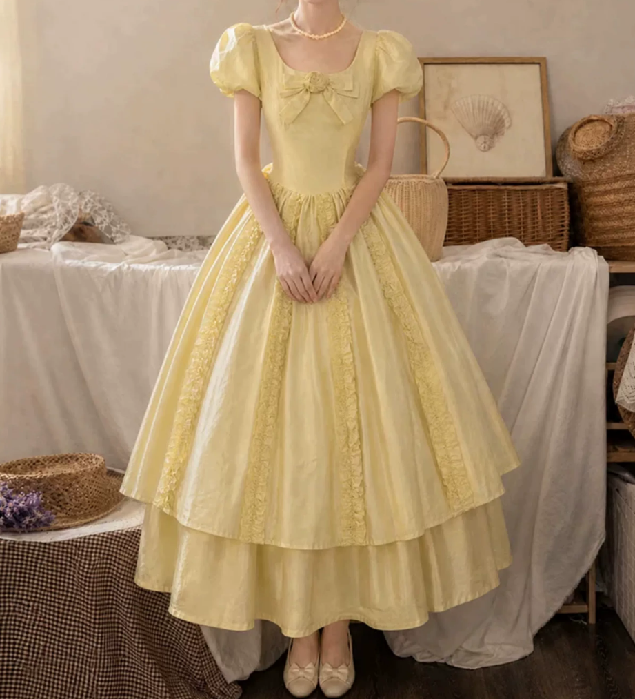 Chic U Neck Yellow Prom Dress Ruffles Bows A-Line Evening Dress D0114