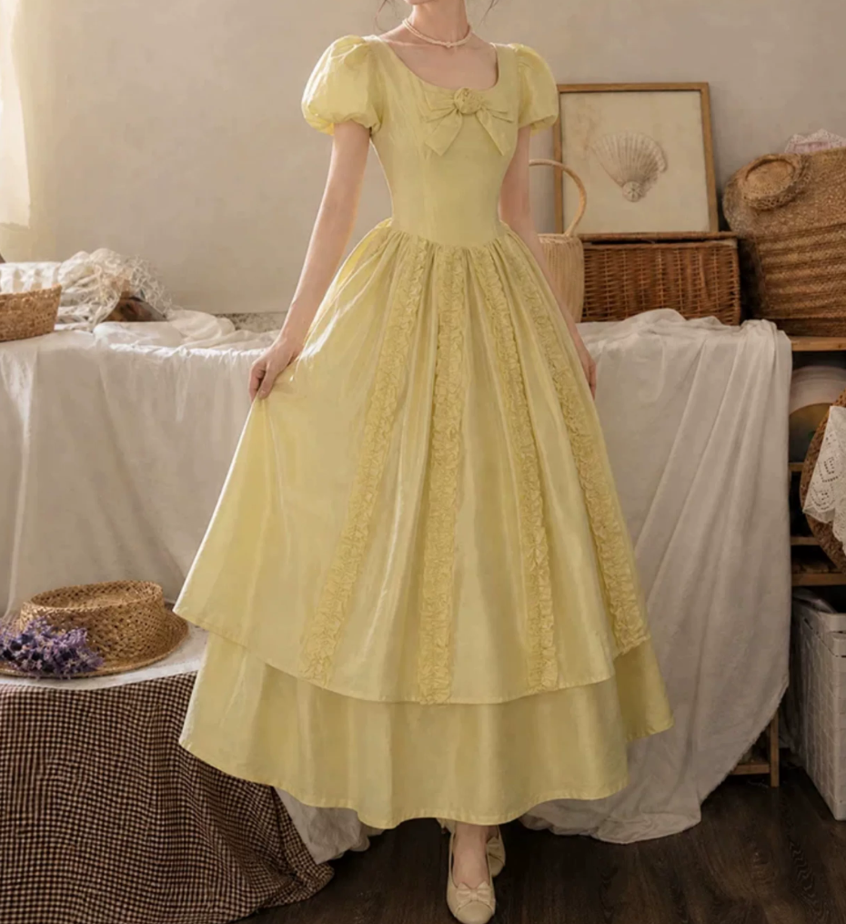 Chic U Neck Yellow Prom Dress Ruffles Bows A-Line Evening Dress D0114