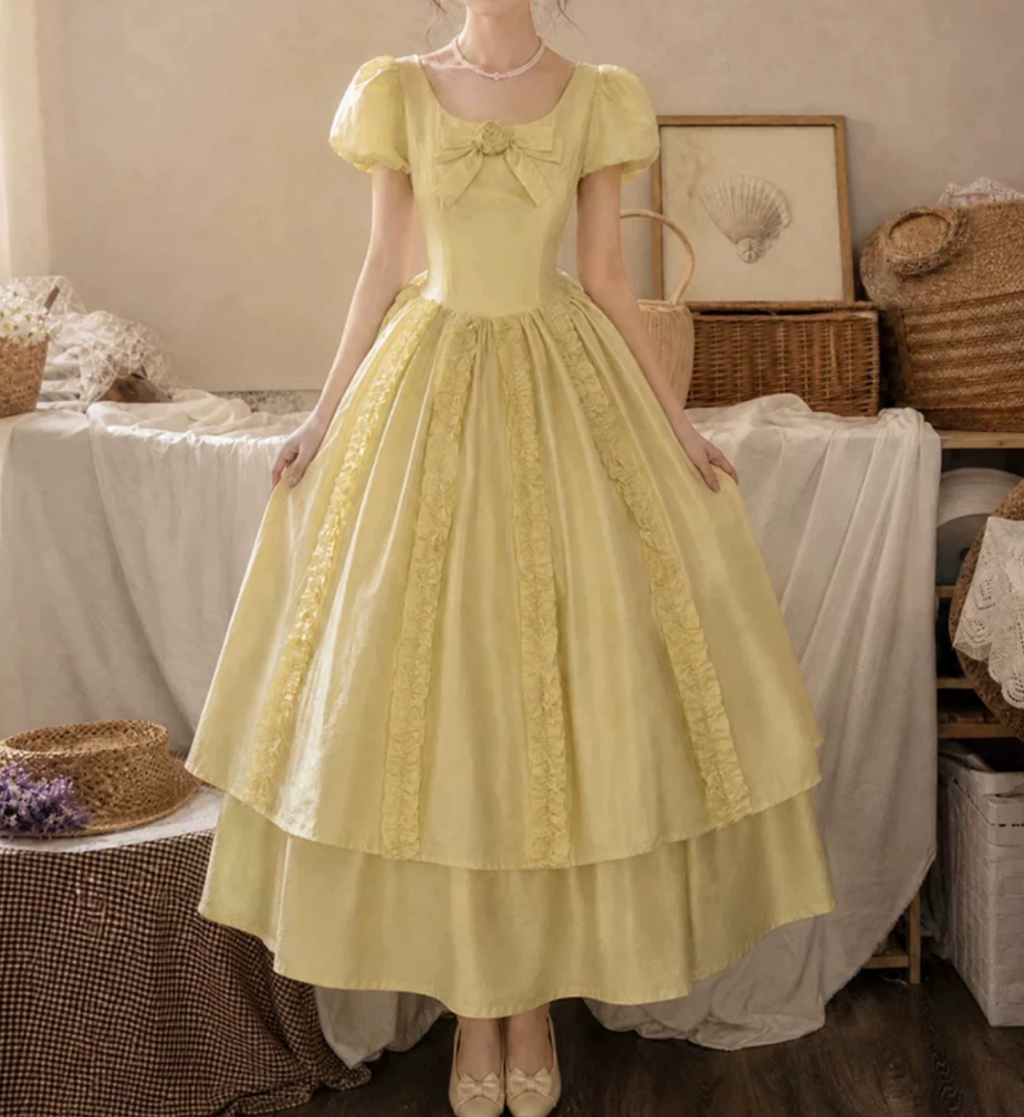 Chic U Neck Yellow Prom Dress Ruffles Bows A-Line Evening Dress D0114