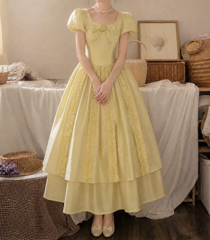 Chic U Neck Yellow Prom Dress Ruffles Bows A-Line Evening Dress D0114