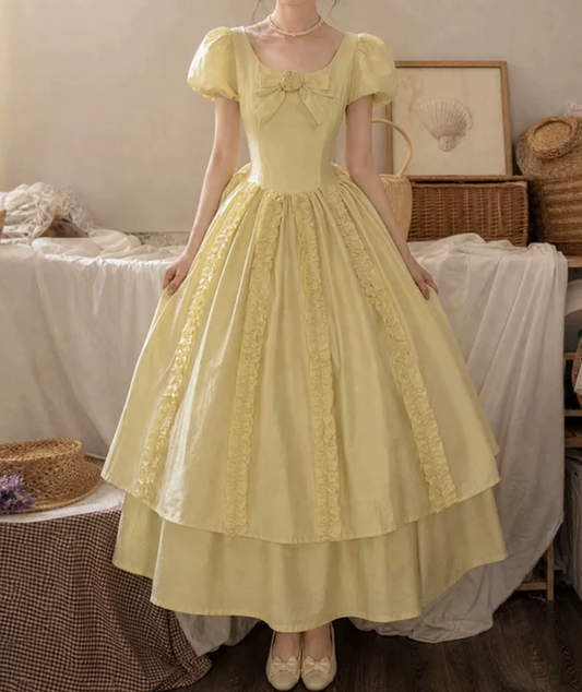 Chic U Neck Yellow Prom Dress Ruffles Bows A-Line Evening Dress D0114