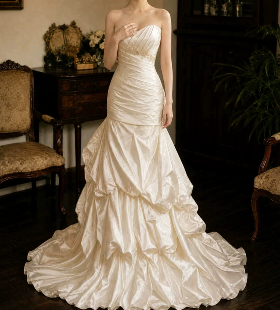 Superbe robe de mariée sirène bustier en satin et tulle, longue et en dentelle, C4563
