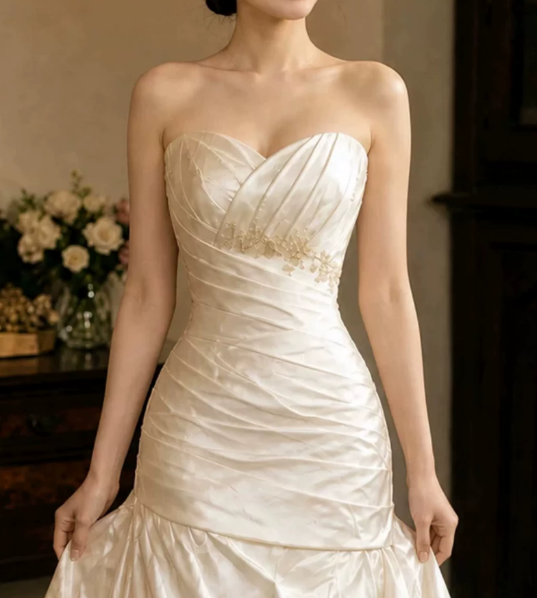 Superbe robe de mariée sirène bustier en satin et tulle, longue et en dentelle, C4563