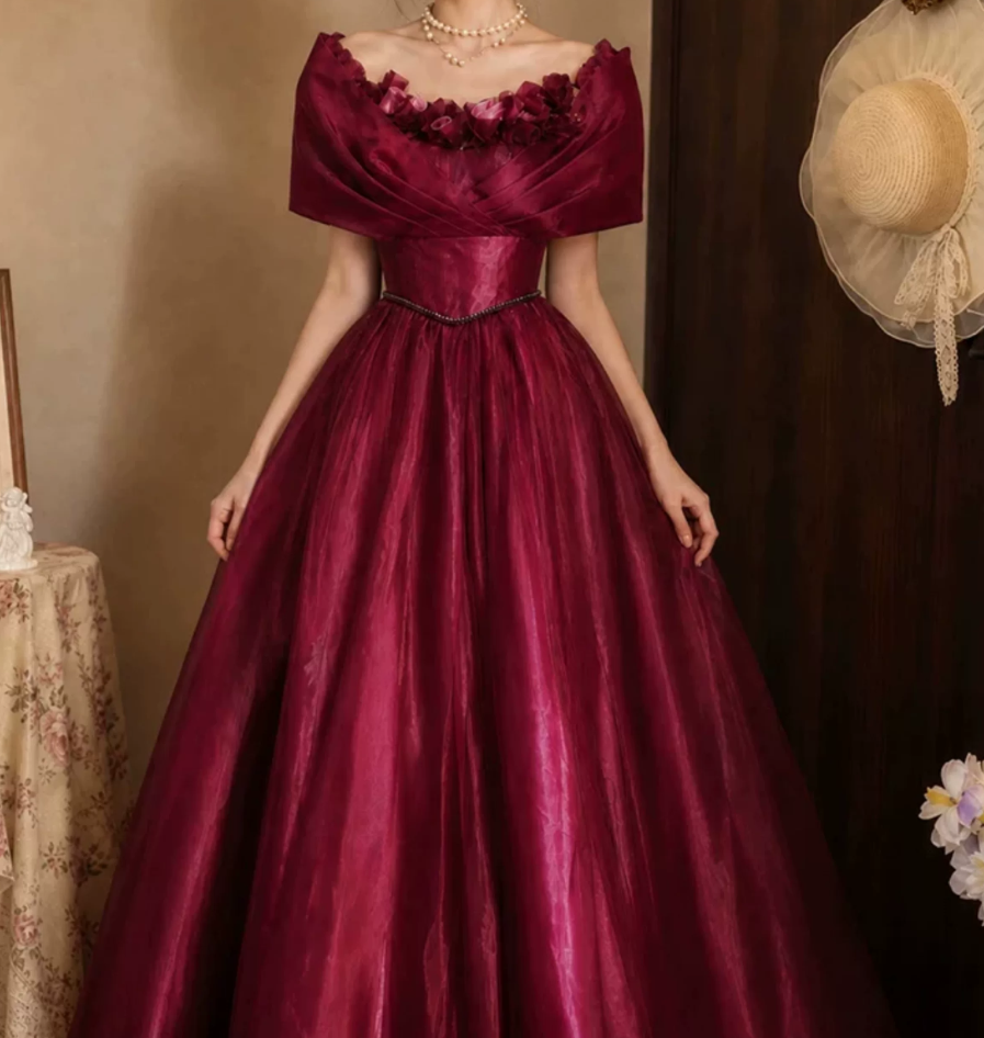 Attractive Off-Shoulder Prom Dress Red Flowers A-Line Evening Dress D0118