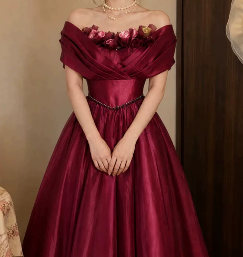 Attractive Off-Shoulder Prom Dress Red Flowers A-Line Evening Dress D0118