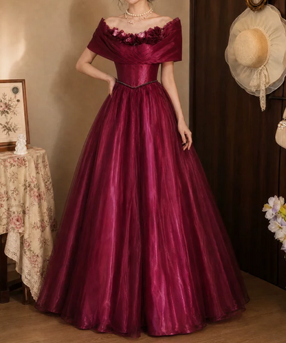Attractive Off-Shoulder Prom Dress Red Flowers A-Line Evening Dress D0118