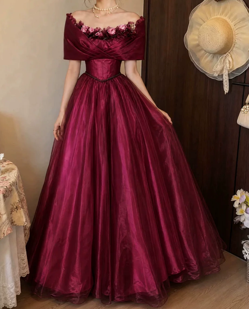 Attractive Off-Shoulder Prom Dress Red Flowers A-Line Evening Dress D0118