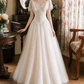 Playful V Neck Lace Wedding Dresses Tulle Short Sleeve A-Line Bridal Dress D0119
