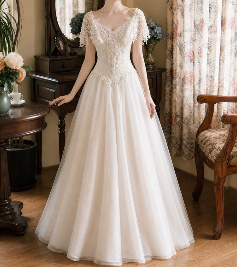 Playful V Neck Lace Wedding Dresses Tulle Short Sleeve A-Line Bridal Dress D0119