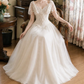 Playful V Neck Lace Wedding Dresses Tulle Short Sleeve A-Line Bridal Dress D0119