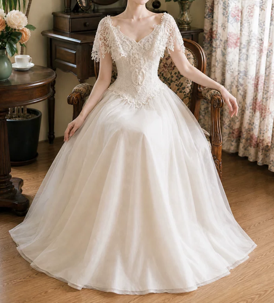 Playful V Neck Lace Wedding Dresses Tulle Short Sleeve A-Line Bridal Dress D0119