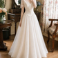 Playful V Neck Lace Wedding Dresses Tulle Short Sleeve A-Line Bridal Dress D0119