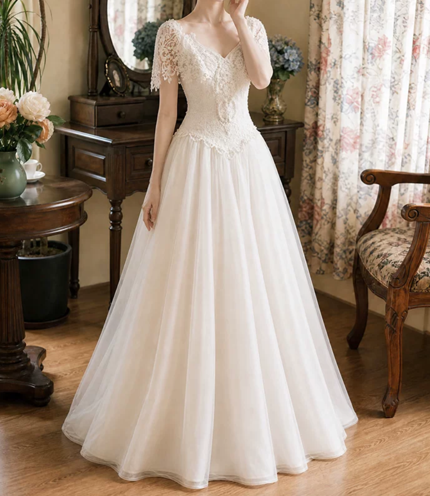 Playful V Neck Lace Wedding Dresses Tulle Short Sleeve A-Line Bridal Dress D0119