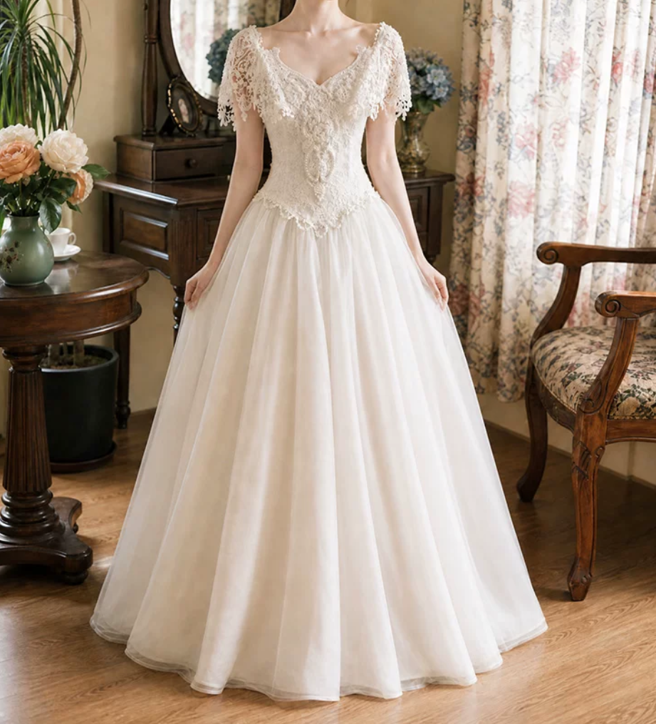 Playful V Neck Lace Wedding Dresses Tulle Short Sleeve A-Line Bridal Dress D0119